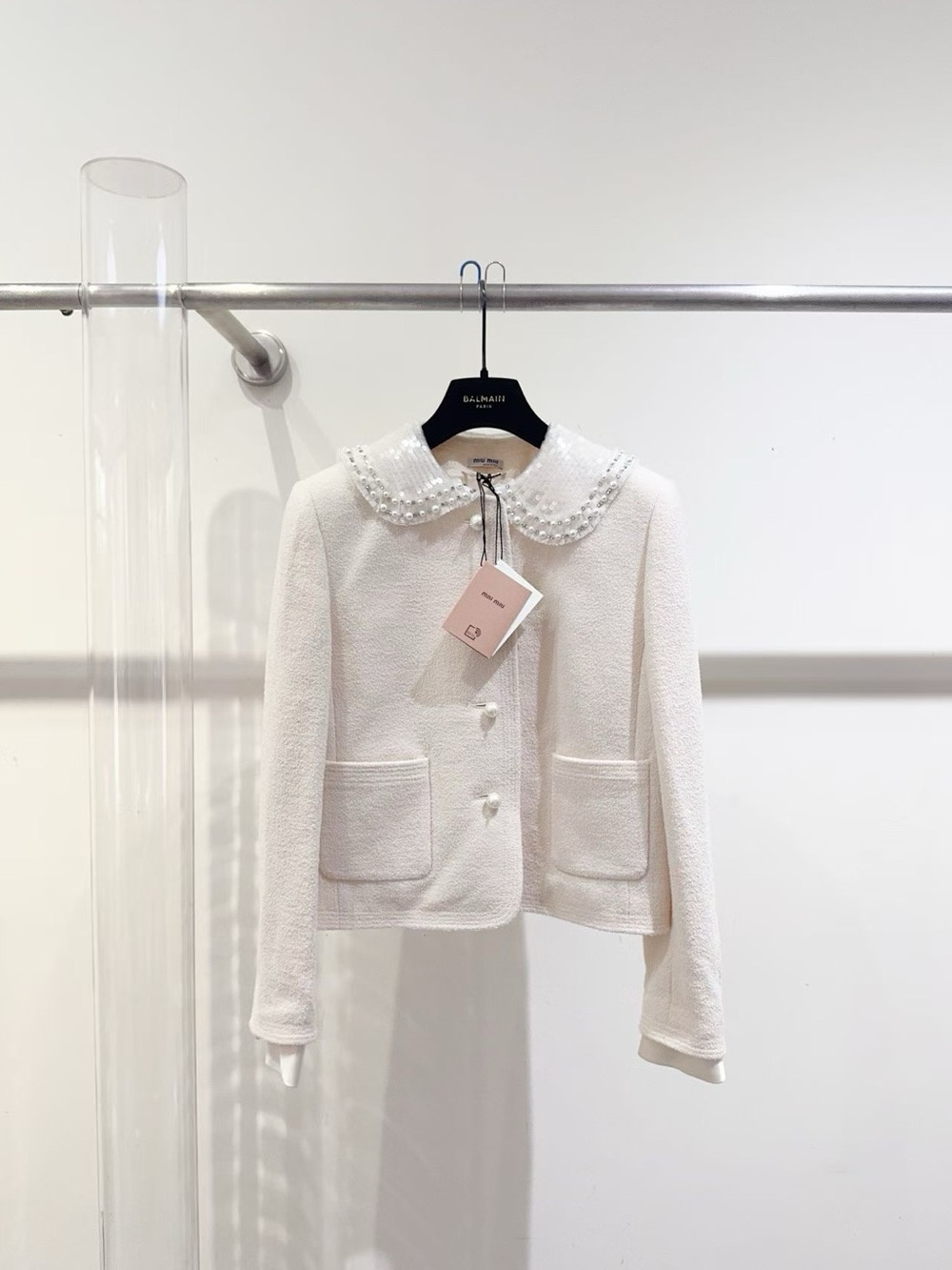 Miu Miu White Tweed Jacket with Pearl-Embellished Collar